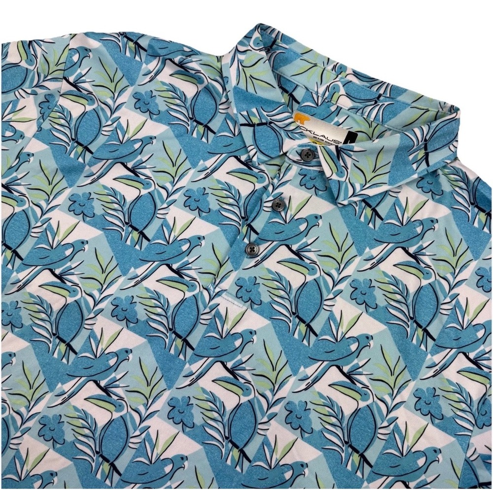 Nicklaus Polo Shirt Mens Large Blue Tropical Bird Floral Print Eco Stretch Golf